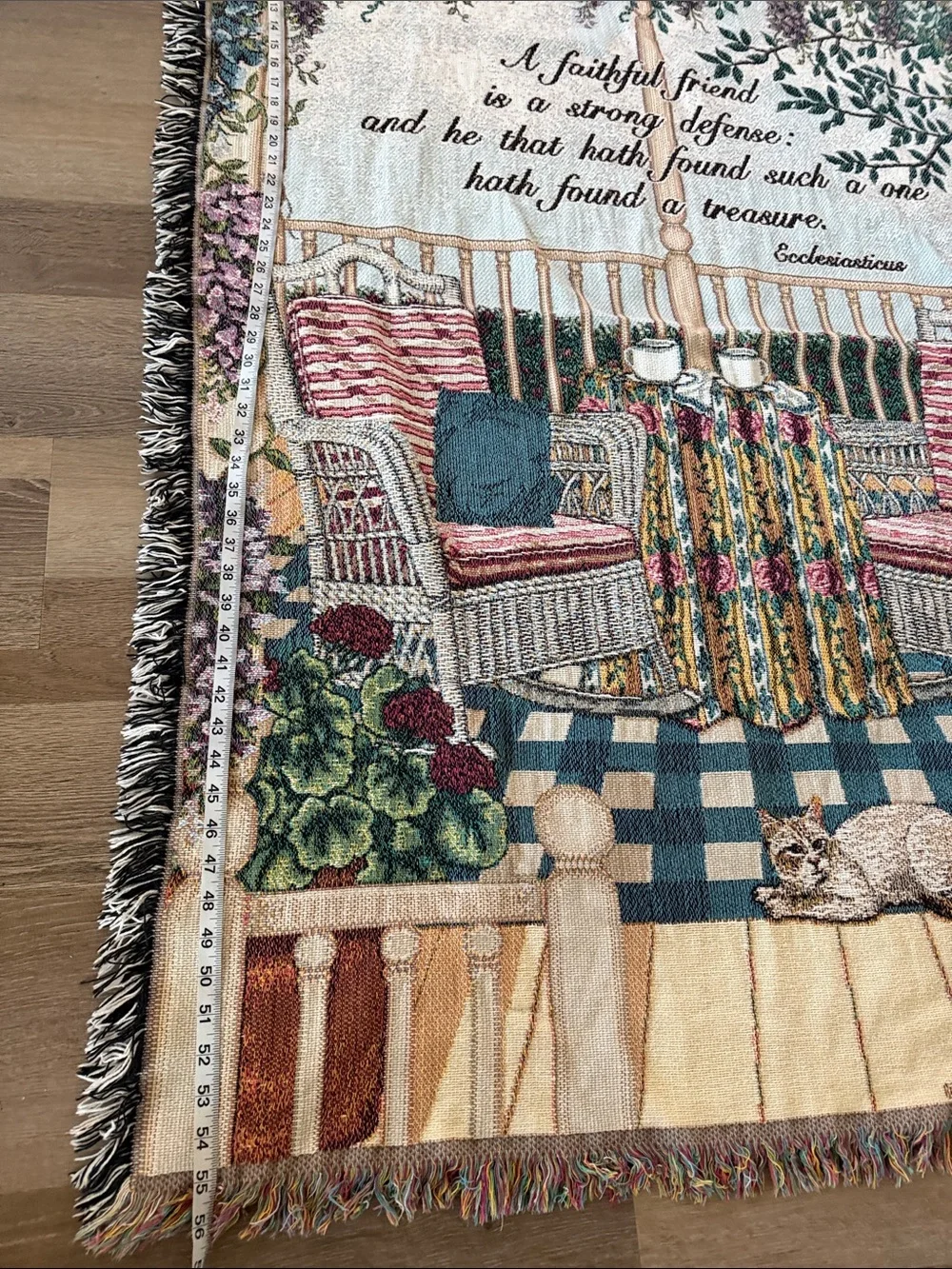 Cozy Porch Tapestry Throw Blanket with Floral and Wicker Chair Scene